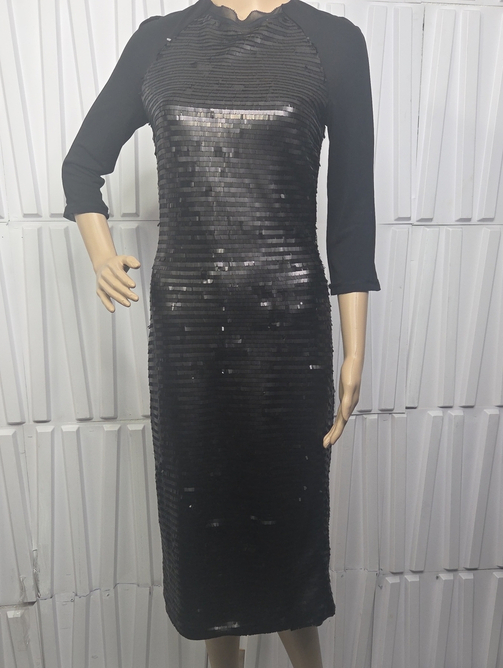 Karen Millen Black Sequin Embellished Midi Dress 3/4 Sleeve Size 6